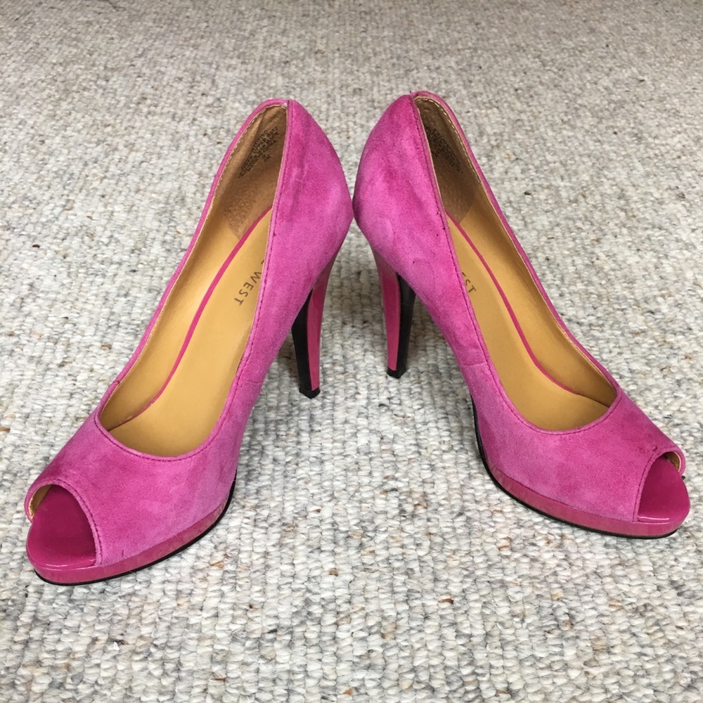 Brushed suede peep toe pumps